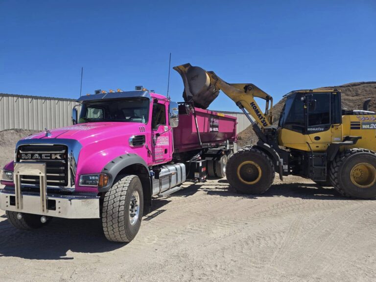 Commercial Dumpster Rentals | Pink Wasteline Solutions truck on commerical job site