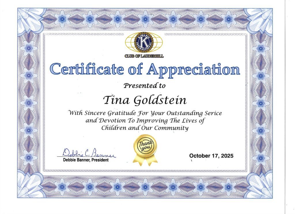 Club of Lauderhill Certificate of Appreciation - Wasteline Solutions